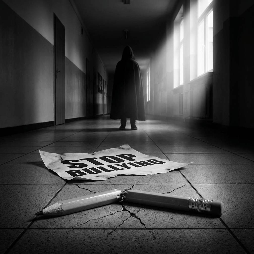 Broken pencil and "STOP BULLYING" sign on the floor of a dark school hallway.